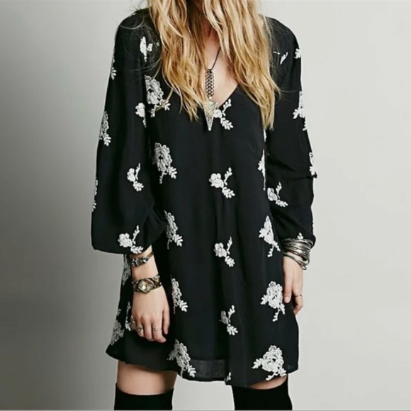 Free People Emma Floral Embroidered Black Mini Dress - Picture 1 of 11